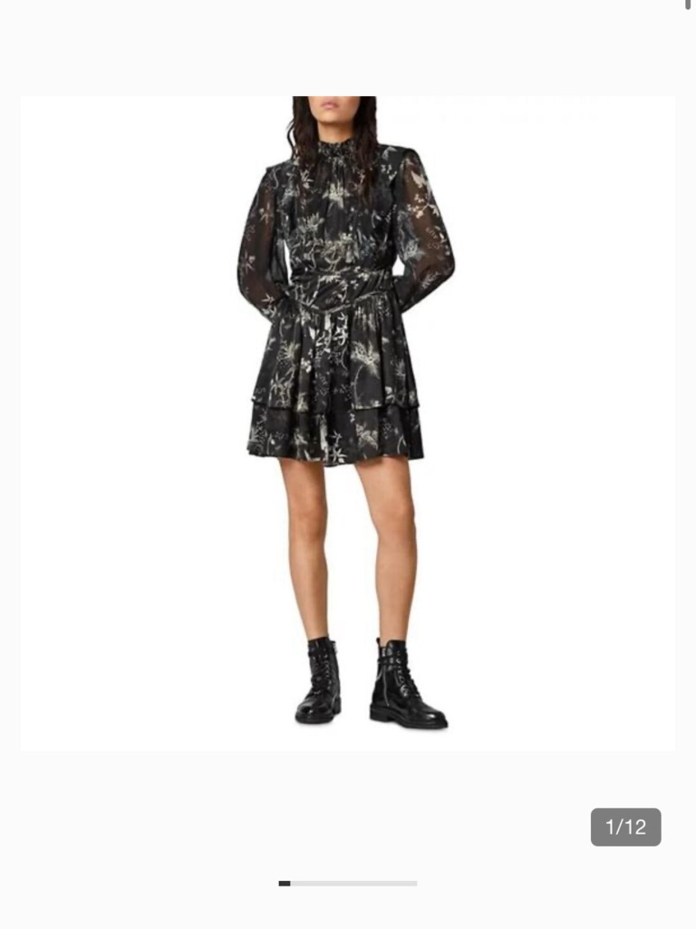 All Saints Black Floral Sheer Long-Sleeve Tiered Dressx